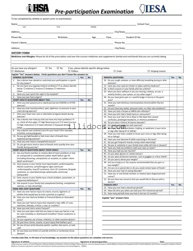 Fillable Illinois Pre Participation Physical Template in PDF